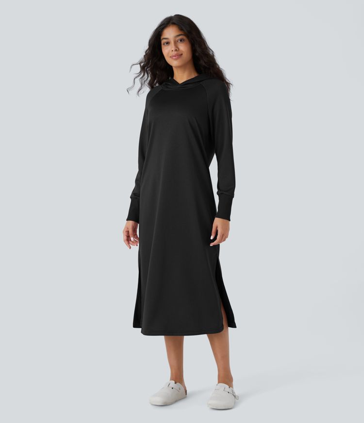 Hooded Long Sleeve Midi Casual Dress