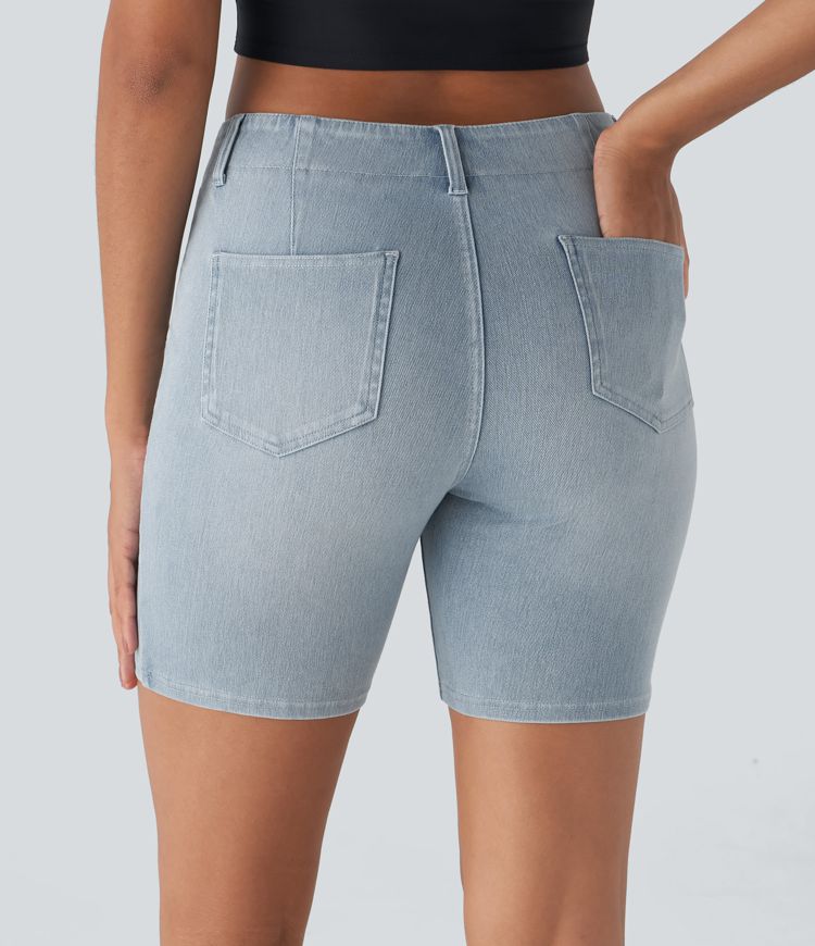 HalaraMagic™ Mid Rise Back Pockets Skinny Cool Touch Washed Stretchy Knit Denim Casual Shorts