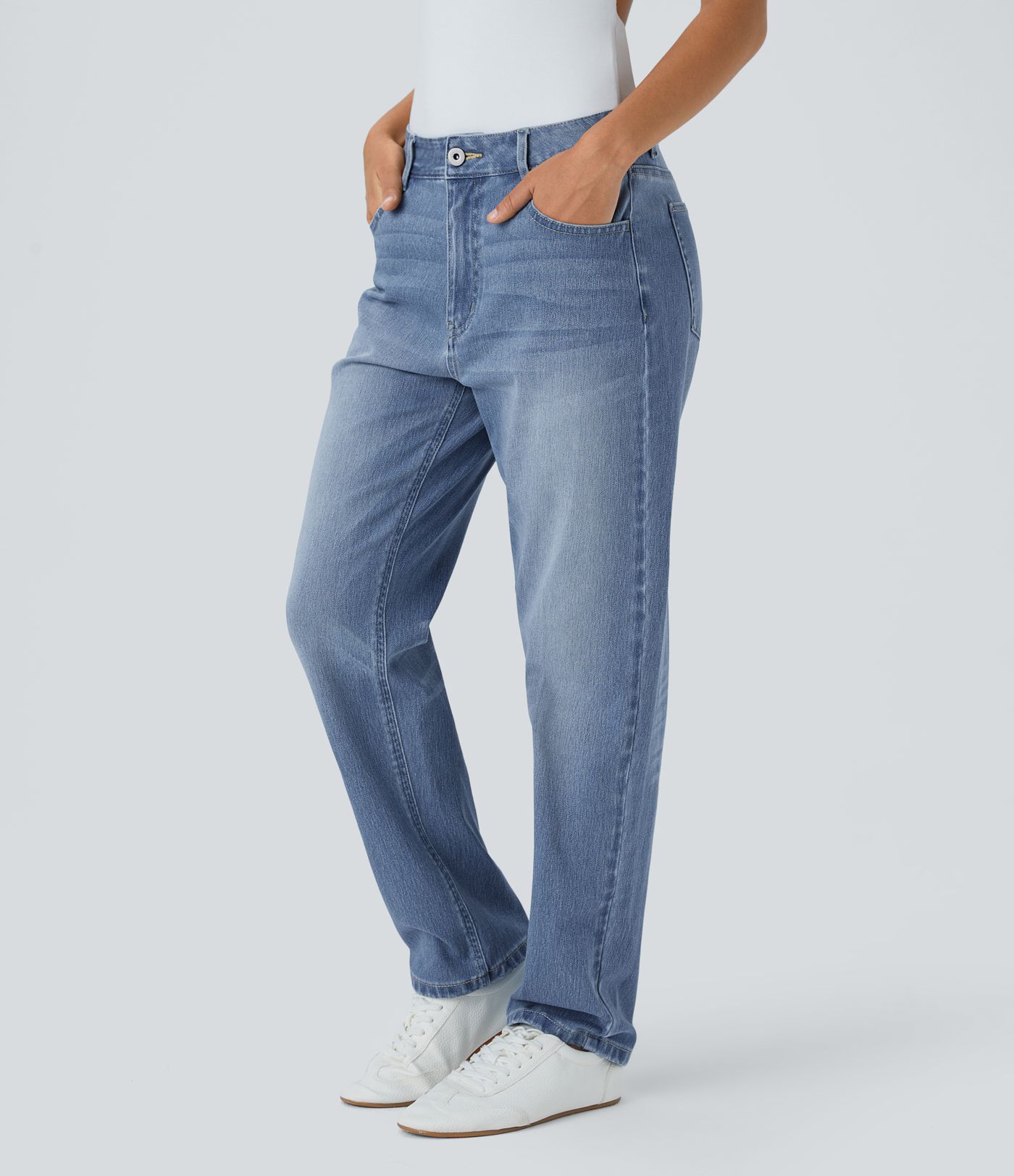 Jeans de Mamá Casual Lavados Halara Flex™ de Tiro Bajo con Bolsillos con Cremallera