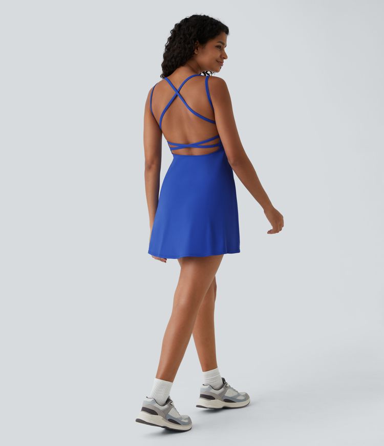 Crisscross Backless Flare Mini Slip Dance Active Dress