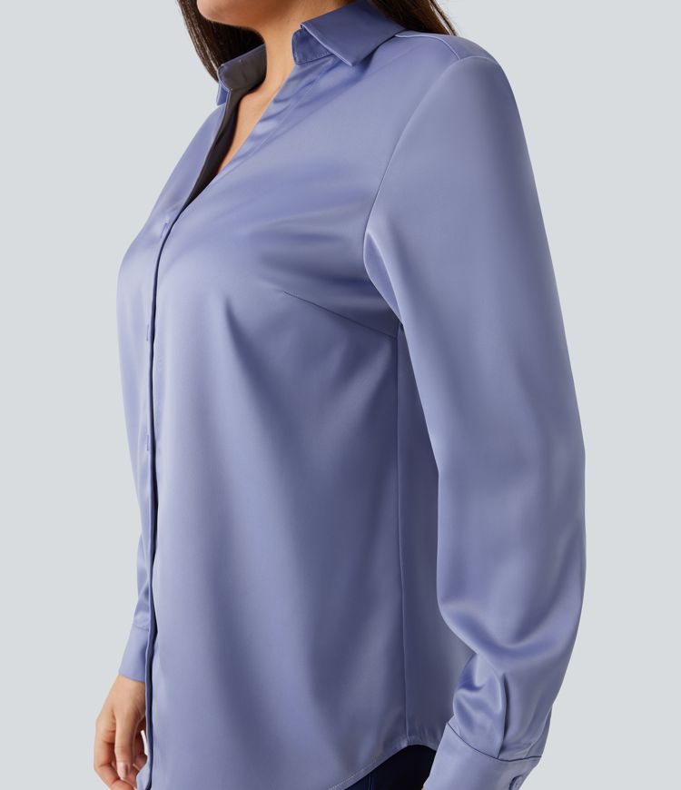 Collared Button Long Sleeve Curved Hem Satin Work Shirt