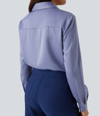 Collared Button Long Sleeve Curved Hem Satin Work Shirt