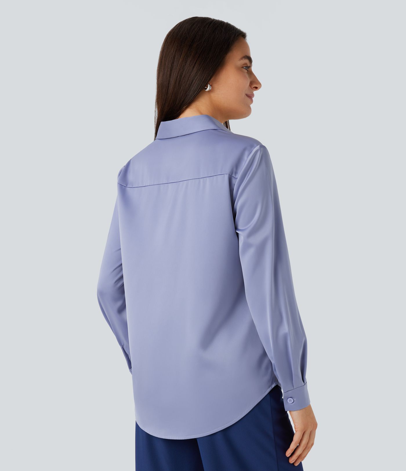Collared Button Long Sleeve Curved Hem Satin Work Shirt