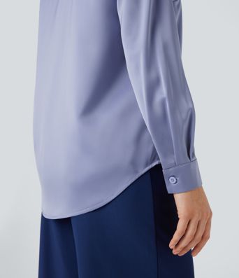 Collared Button Long Sleeve Curved Hem Satin Work Shirt