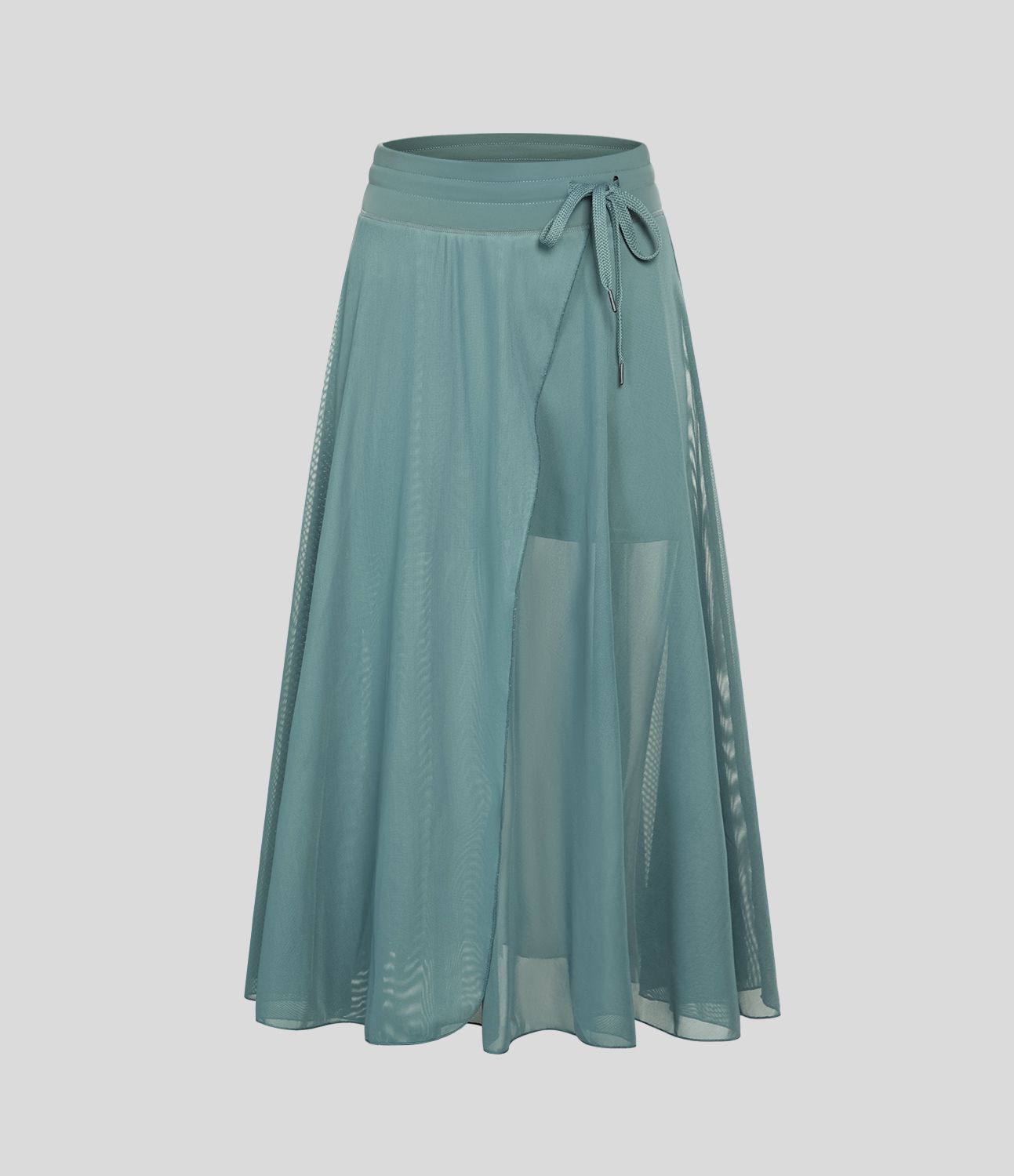 High Waisted Drawstring Contrast Mesh 2-in-1 Pocket Flowy Midi Flare Casual Skirt