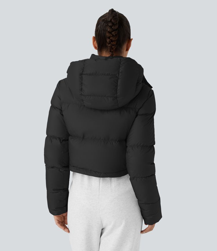  Lässige, wasserabweisende Puffer-Daunenjacke mit abnehmbarer Kapuze, Knöpfen, langen Ärmeln, unsichtbaren Taschen und Kordelzug