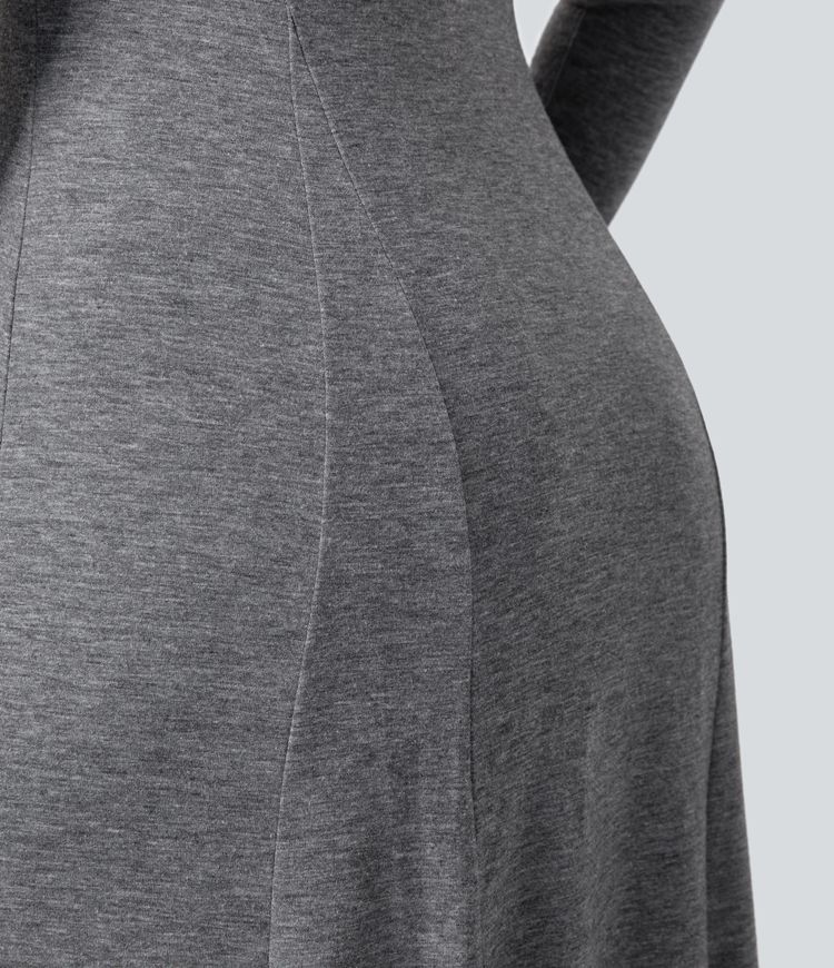 Round Neck Button Long Sleeve Flare Maxi Casual Dress