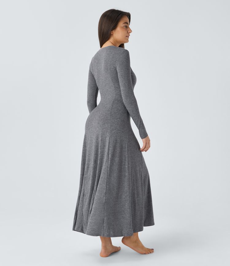 Round Neck Button Long Sleeve Flare Maxi Casual Dress