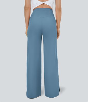 Pantalon de Yoga à Jambes Larges avec Ourlet Croisé Poche-Sourire