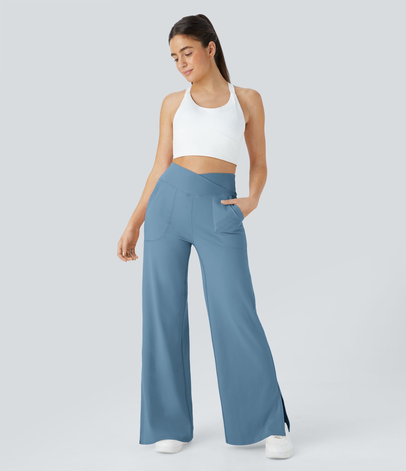 Pantalon de Yoga à Jambes Larges avec Ourlet Croisé Poche-Sourire