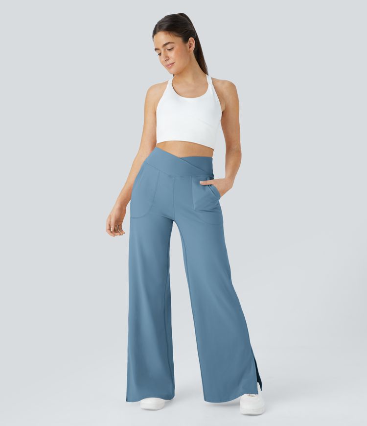 Pantalon de Yoga à Jambes Larges avec Ourlet Croisé Poche-Sourire