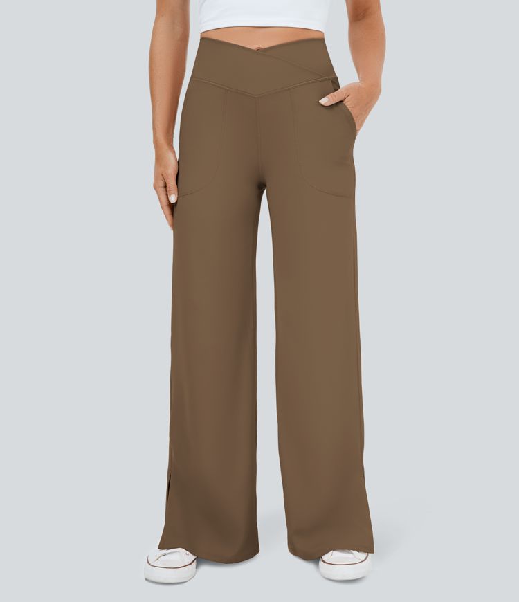 Crossover Pocket Hem Wide Leg Yoga Pants-Smile