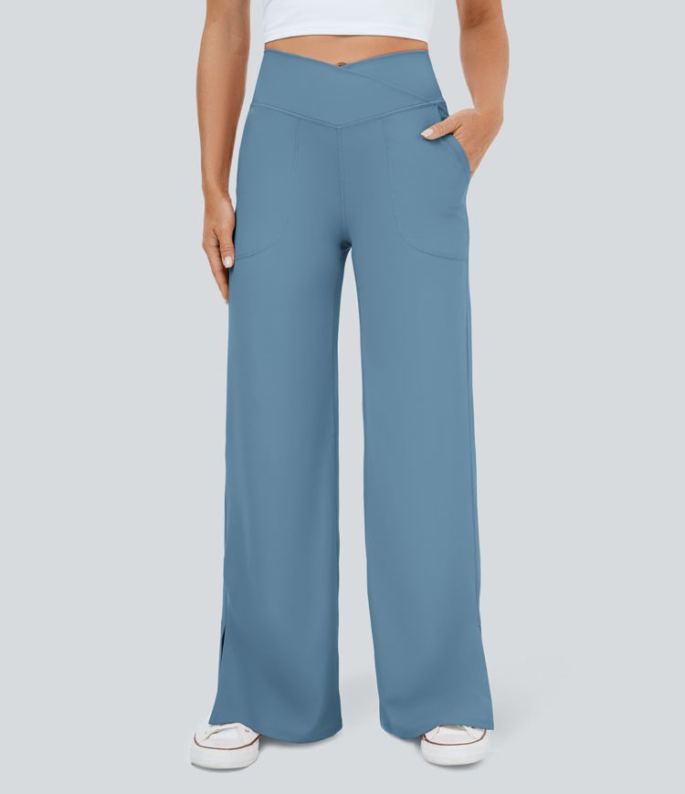 Crossover Pocket Hem Wide Leg Yoga Pants-Smile