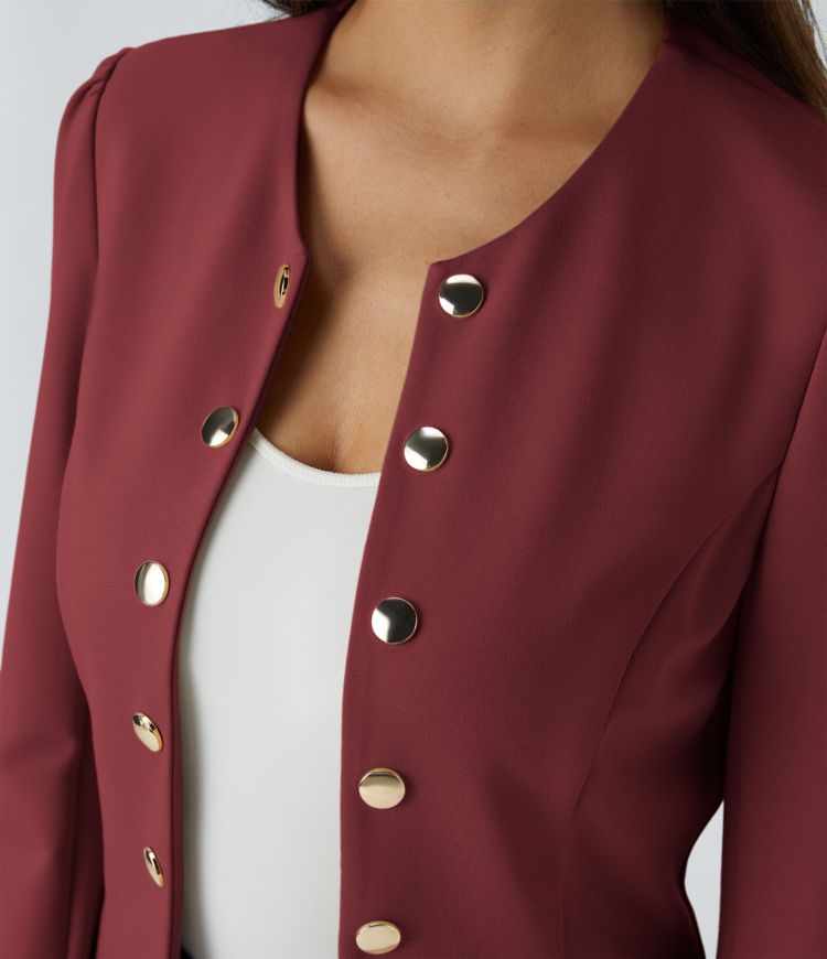 Round Neck Long Sleeve Decorative Button Slim Work Blazer