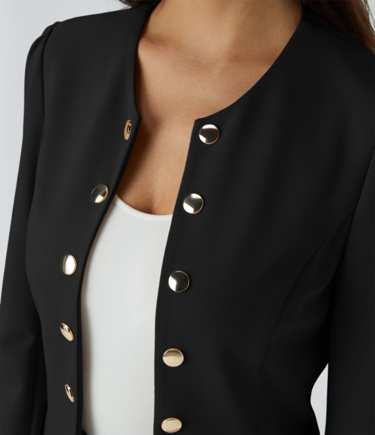 SculptKnit Blazer tailleur ajusté à col rond, manches longues avec boutons décoratifs