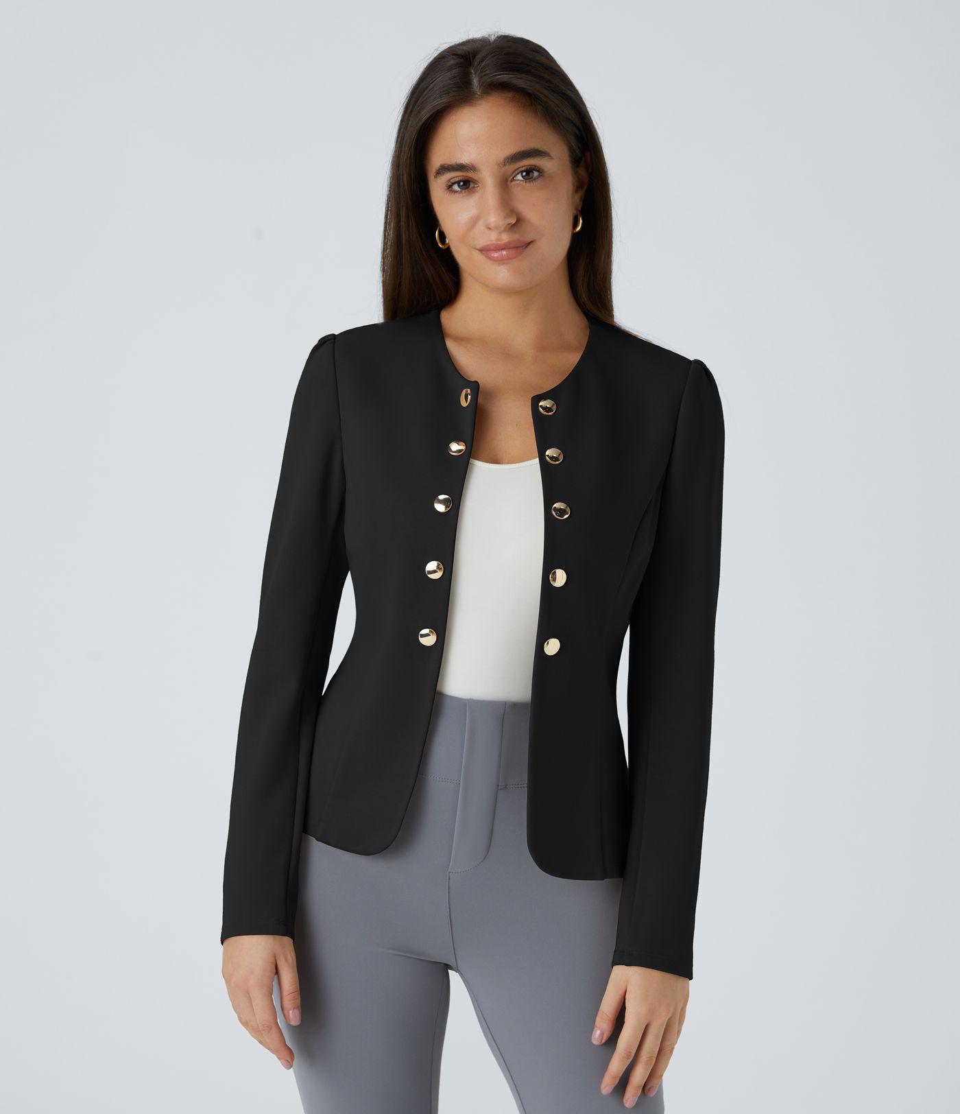SculptKnit Blazer tailleur ajusté à col rond, manches longues avec boutons décoratifs