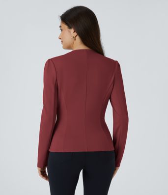 Round Neck Long Sleeve Decorative Button Slim Work Blazer