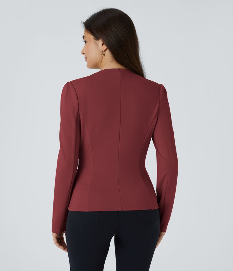 Round Neck Long Sleeve Decorative Buttons Slim Work Jacket