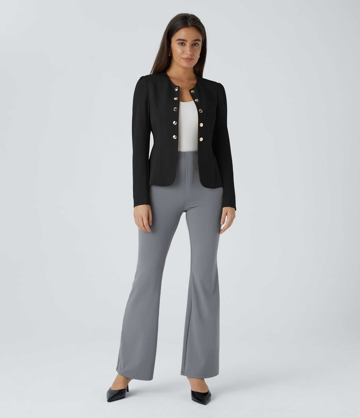 SculptKnit Blazer tailleur ajusté à col rond, manches longues avec boutons décoratifs