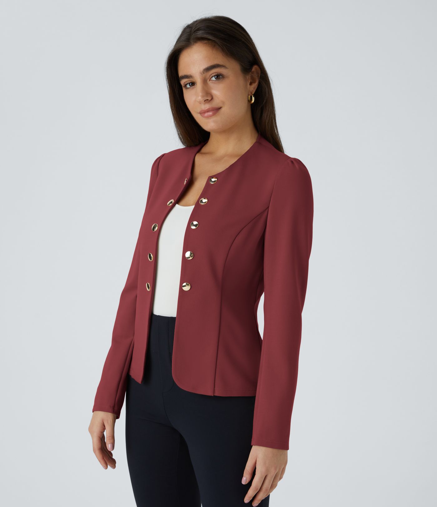Round Neck Long Sleeve Decorative Button Slim Work Blazer