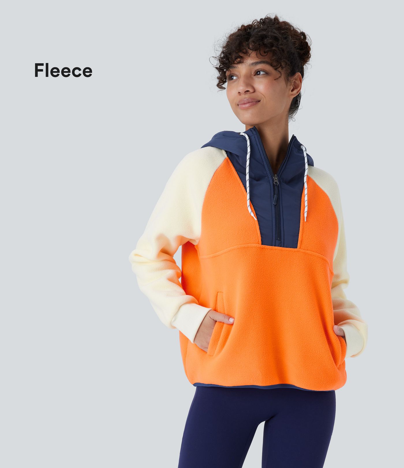 Hooded Drawstring Half Zip Long Sleeve Pocket Color Block Fleece Hiking Jacket