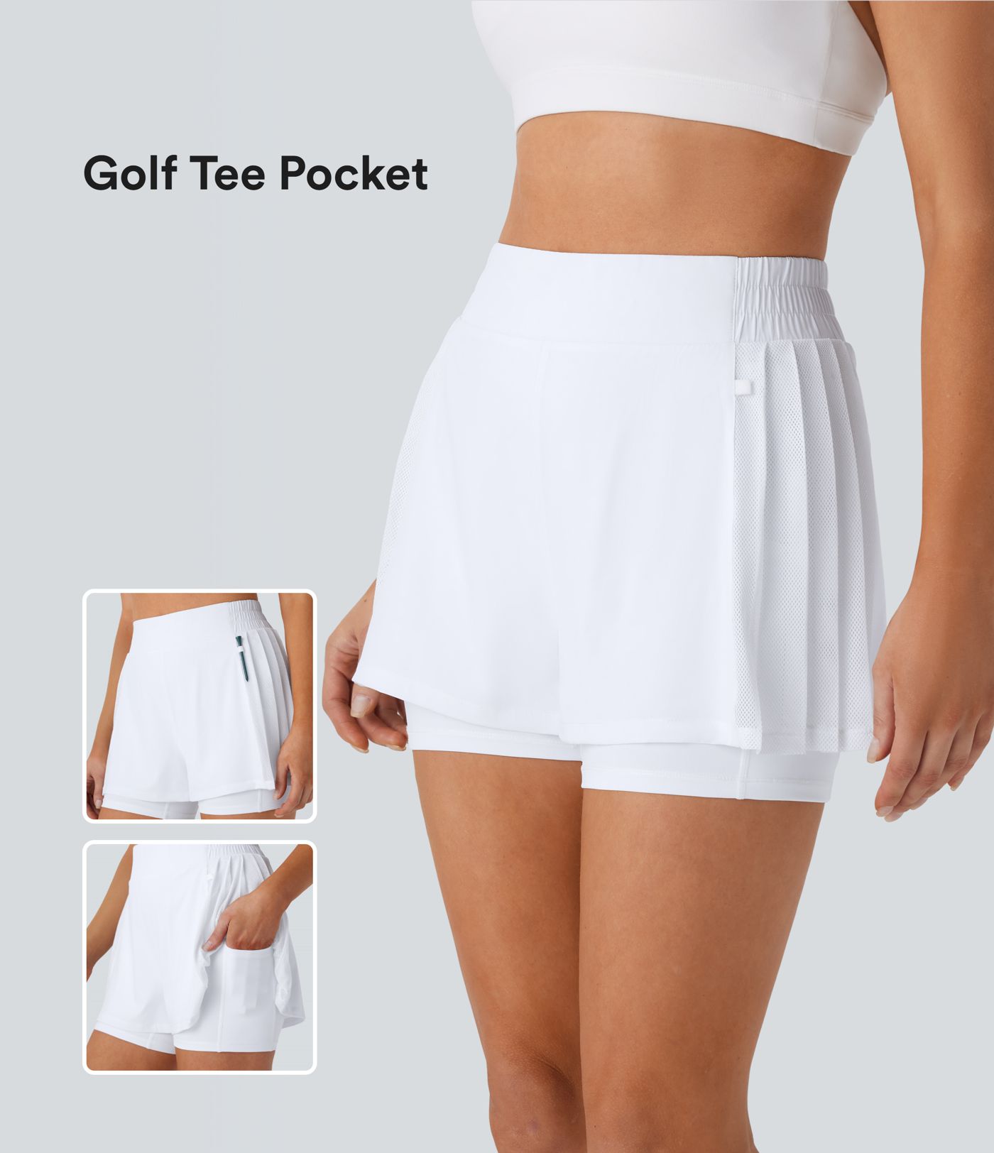 Breezeful™ High Waisted Contrast Mesh Pleated 2-in-1 Quick Dry Golf Shorts with Pockets-Golf Tee