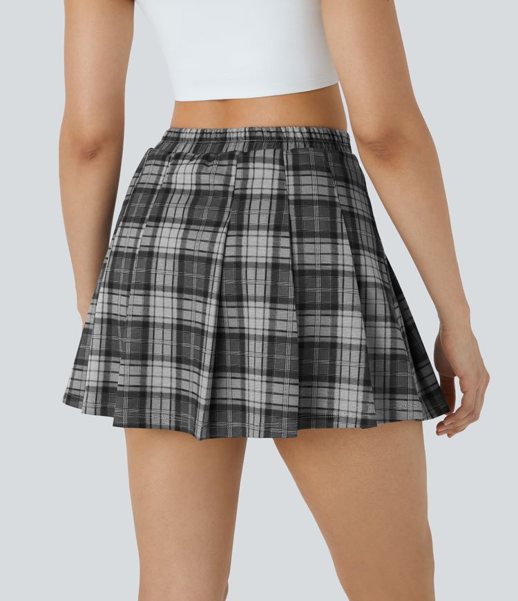 High Waisted 2-in-1 Side Pocket Plaid Pleated Mini Casual Skirt