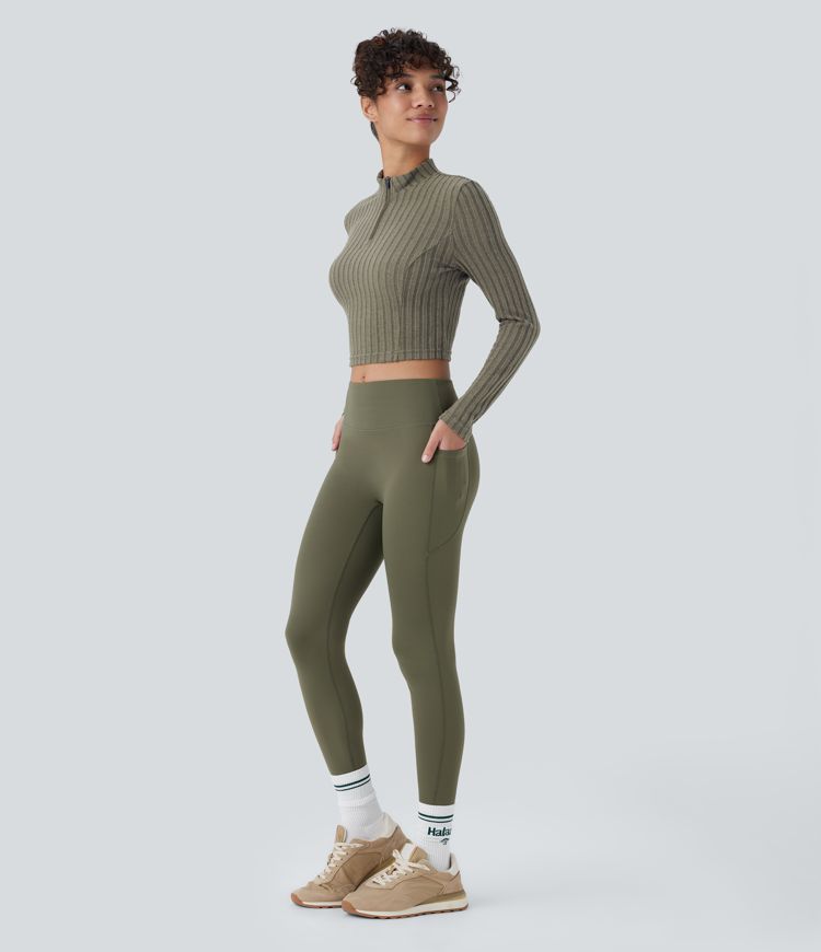 Ribbed Knit Stand Collar Half Zip Long Sleeve Cropped Casual Top