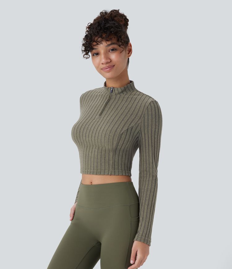 Ribbed Knit Stand Collar Half Zip Long Sleeve Cropped Casual Top