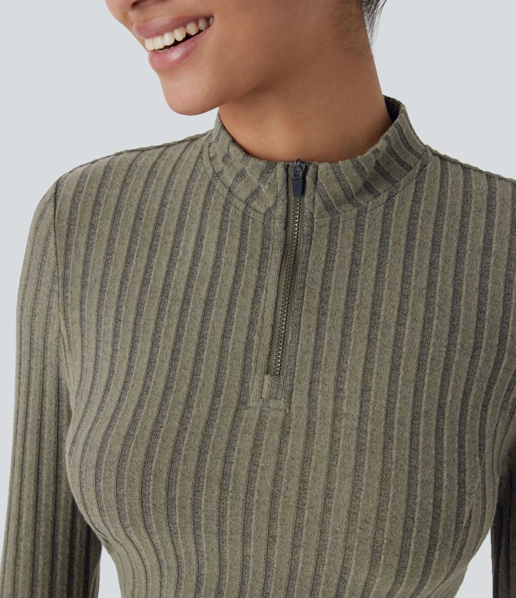 Ribbed Knit Stand Collar Half Zip Long Sleeve Cropped Casual Top