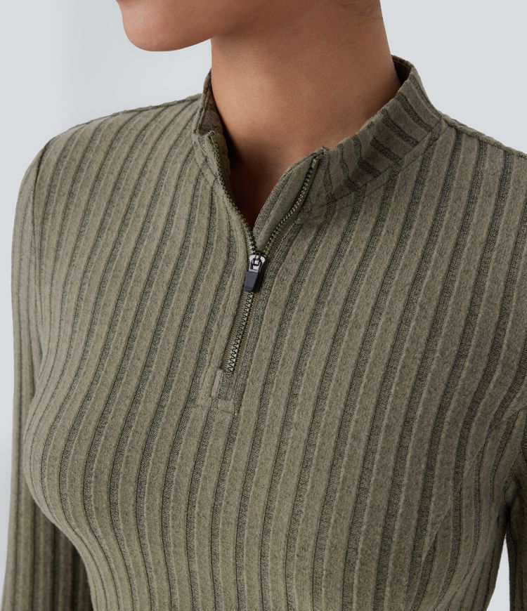 Ribbed Knit Stand Collar Half Zip Long Sleeve Cropped Casual Top