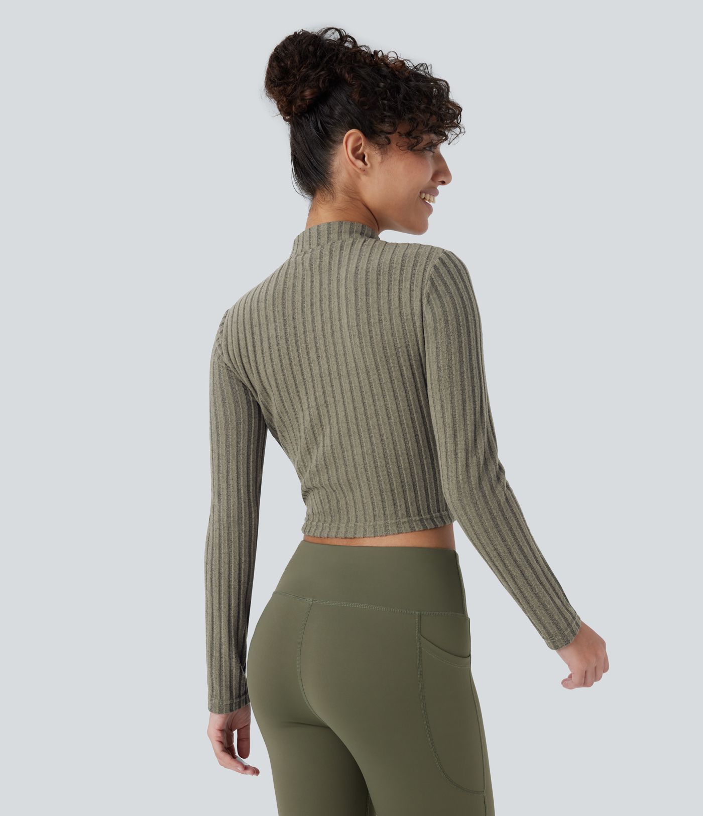 Ribbed Knit Stand Collar Half Zip Long Sleeve Cropped Casual Top