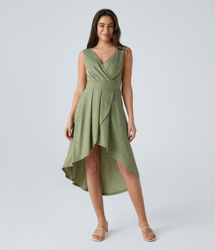 Deep V Neck Sleeveless High Low Crossover Hem Flowy Midi Casual Dress