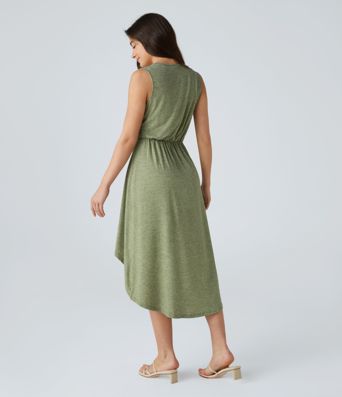 Deep V Neck Sleeveless High Low Crossover Hem Flowy Midi Casual Dress