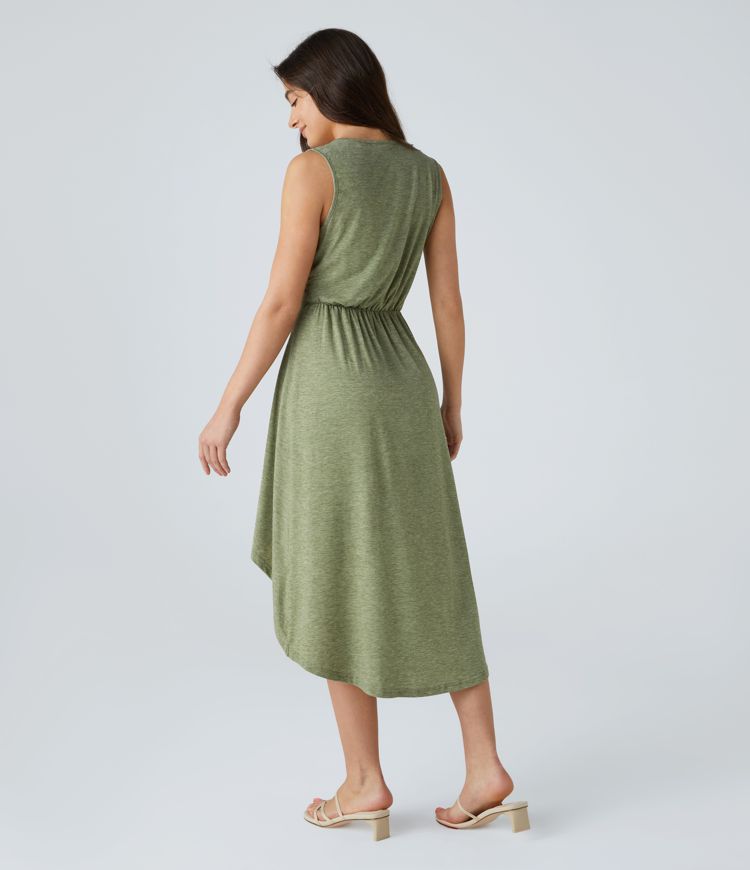 Deep V Neck Sleeveless High Low Crossover Hem Flowy Midi Casual Dress