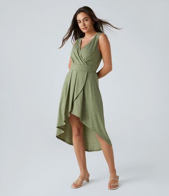 Deep V Neck Sleeveless High Low Crossover Hem Flowy Midi Casual Dress