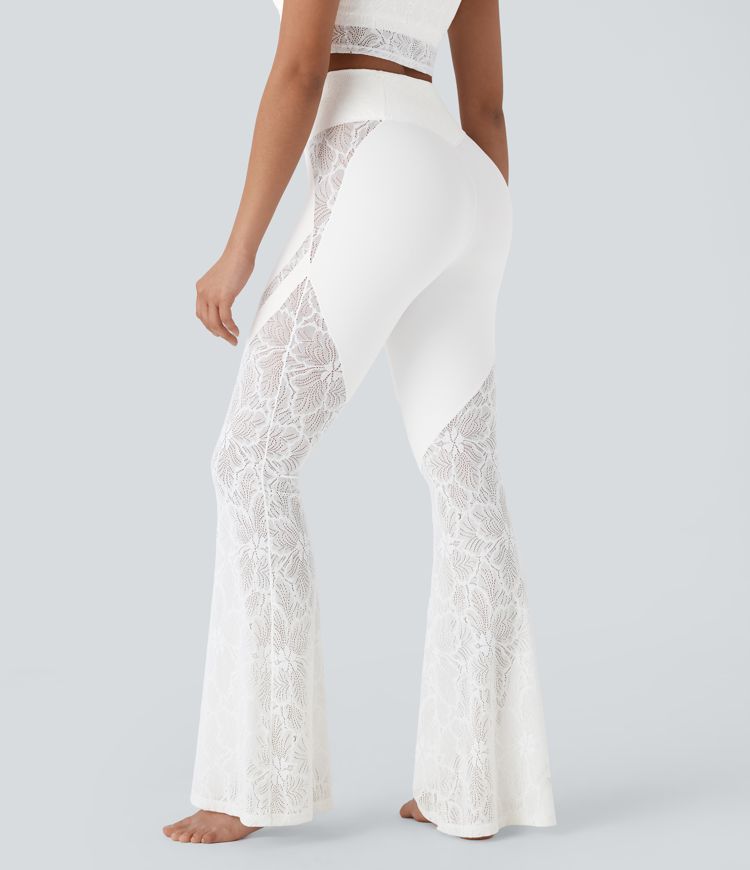 SoftlyZero™ High Waisted Crossover Pocket Contrast Lace Women Flare Yoga Leggings