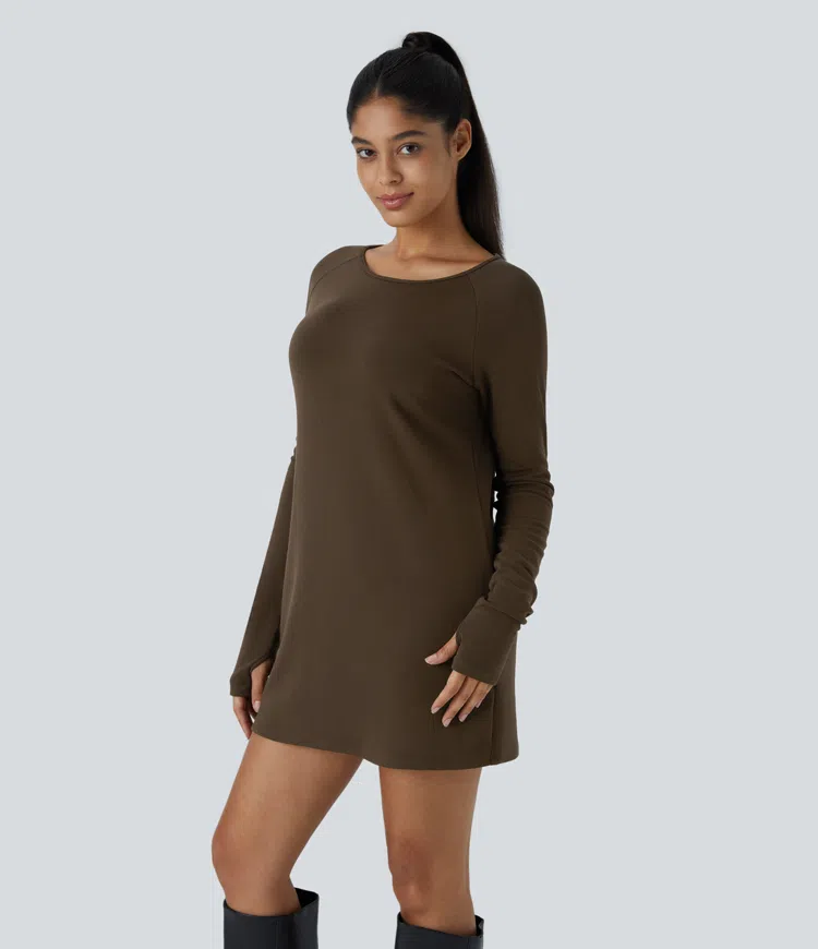 Raglan long sleeve thumb hole thermal mini casual dress