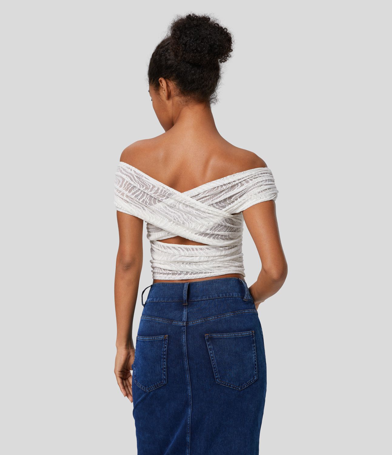 オフショルダー ツイスト クロス バック ルーシュ レース ワーク トップ