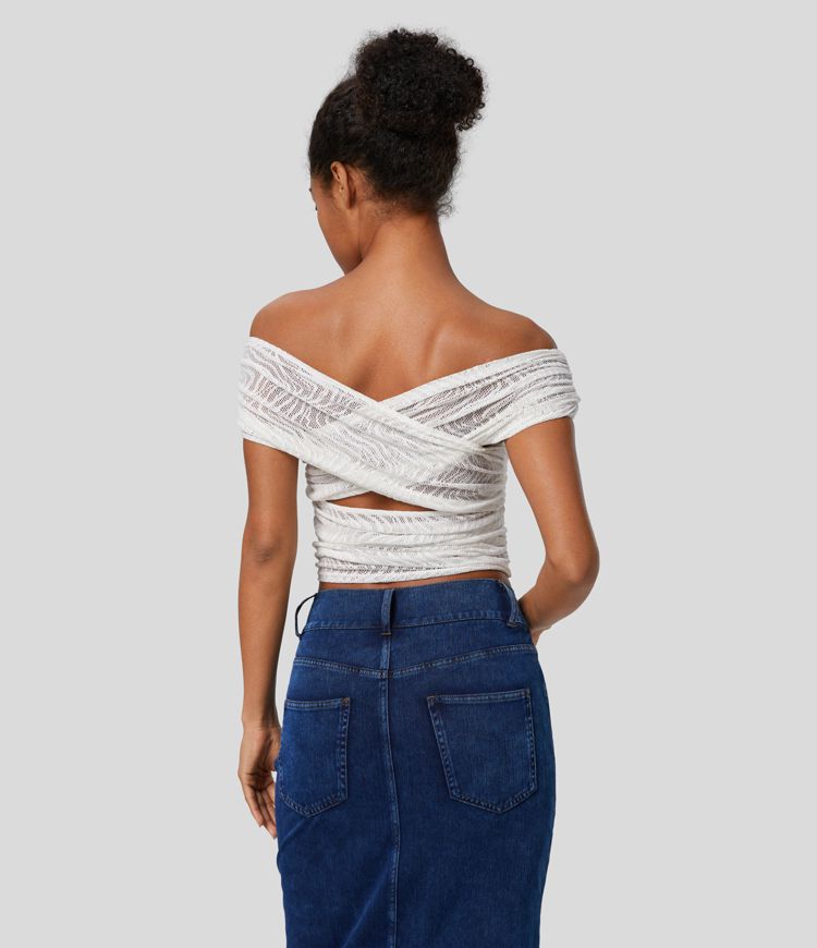 Top oficina encaje fruncido espalda cruzada retorcida sin hombros