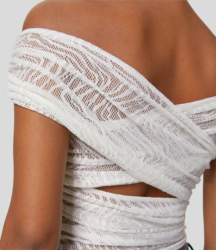 Top oficina encaje fruncido espalda cruzada retorcida sin hombros