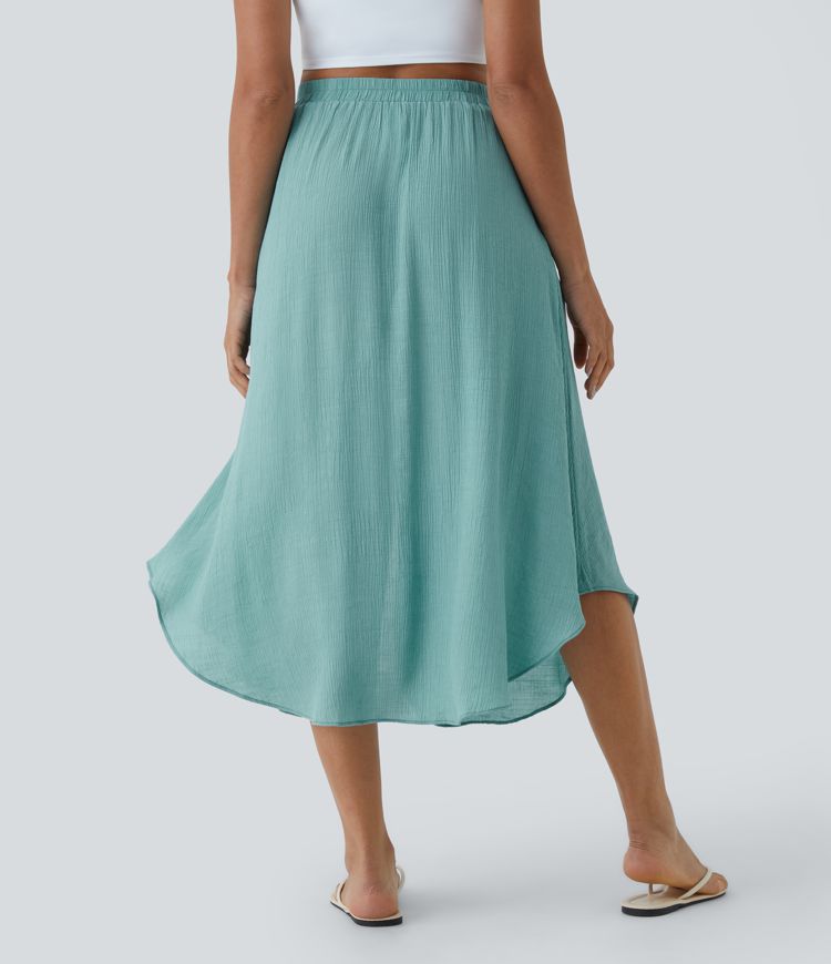 High Waisted Drawstring Button Side Pocket Flowy Midi Casual Skirt