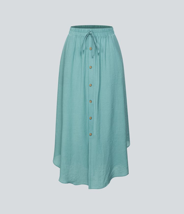 Jupe Casual Flowy Midi Taille Haute Cordon de Serrage Boutonnés Poches Latérales 