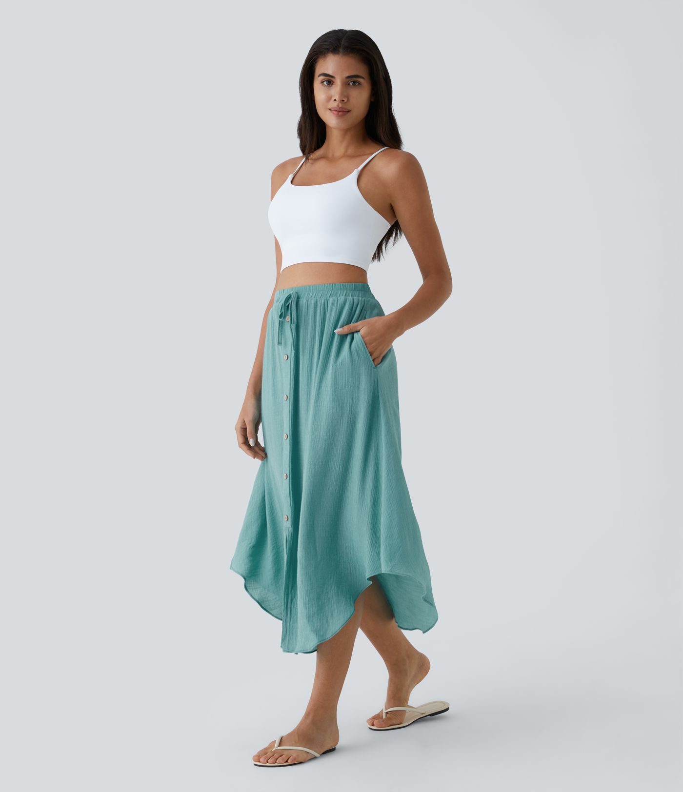 Fluid casual midi skirt with side button pocket and drawstring high waist