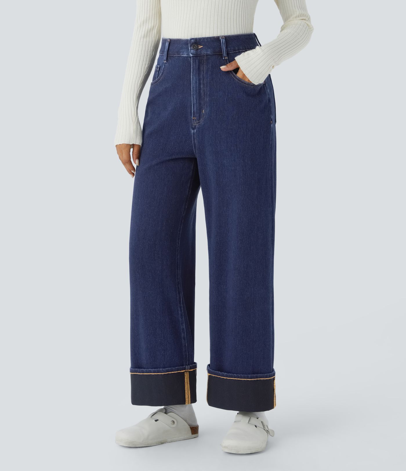 Jeans Halara Flex™ Denim elástico lavado espiga tiro alto múltiple bolsillo dobladillo enrollado pierna ancha