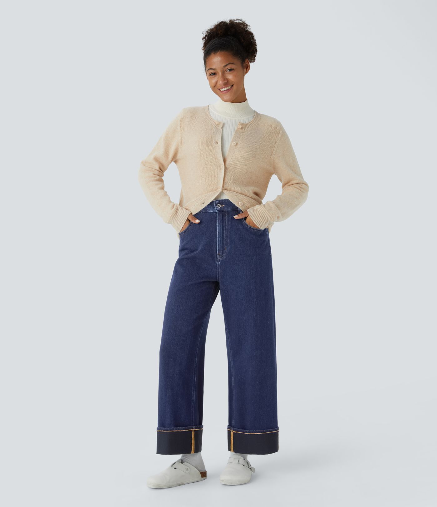 Jeans Halara Flex™ Denim elástico lavado espiga tiro alto múltiple bolsillo dobladillo enrollado pierna ancha