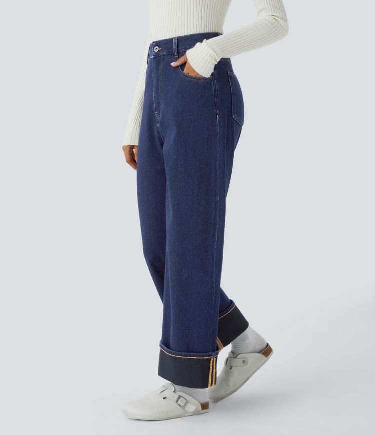 Halara Flex™ High Waisted Multiple Pockets Rolled Hem Wide Leg Herringbone Washed Stretchy Knit Casual Jeans