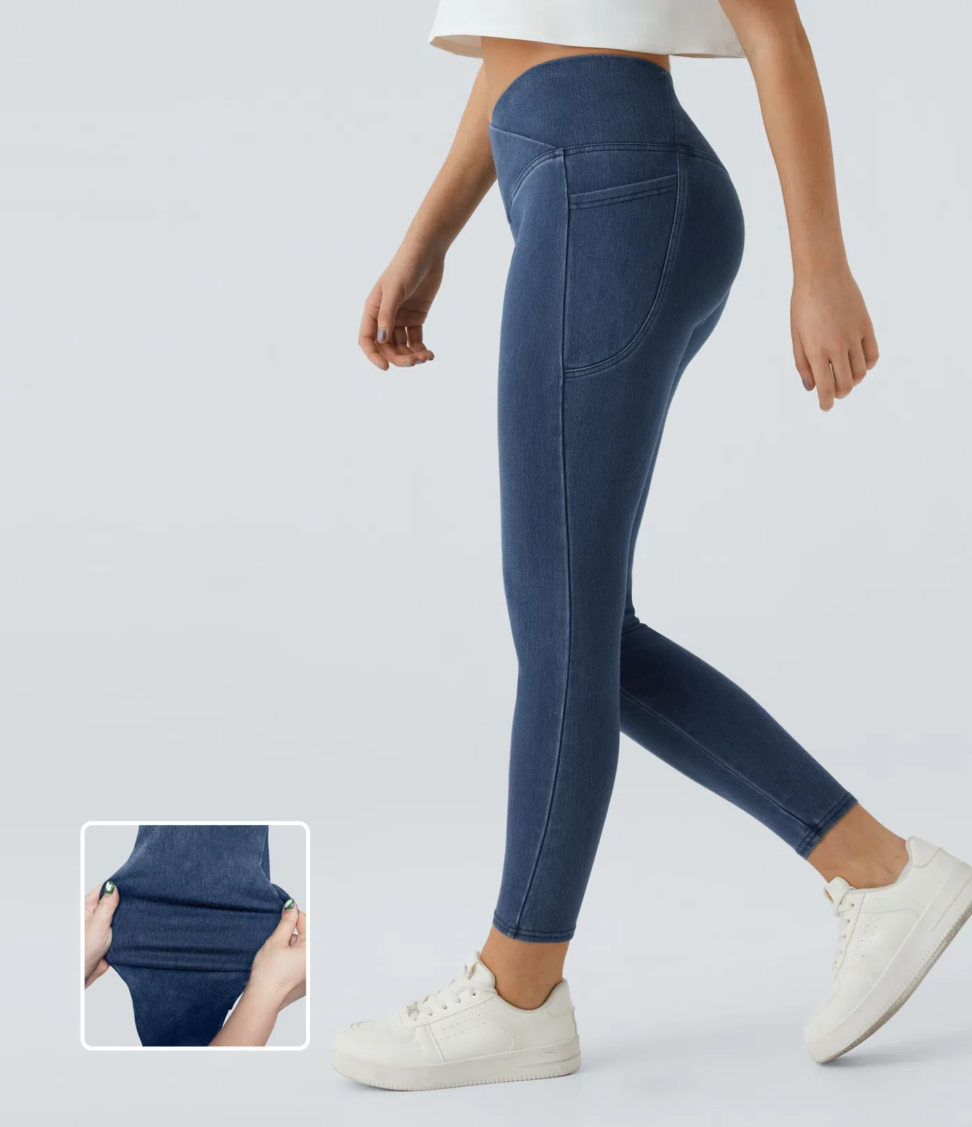 Halara Flex™ Jeans Crossover-Leggings aus elastischem Strick-Denim mit Seitentaschen
