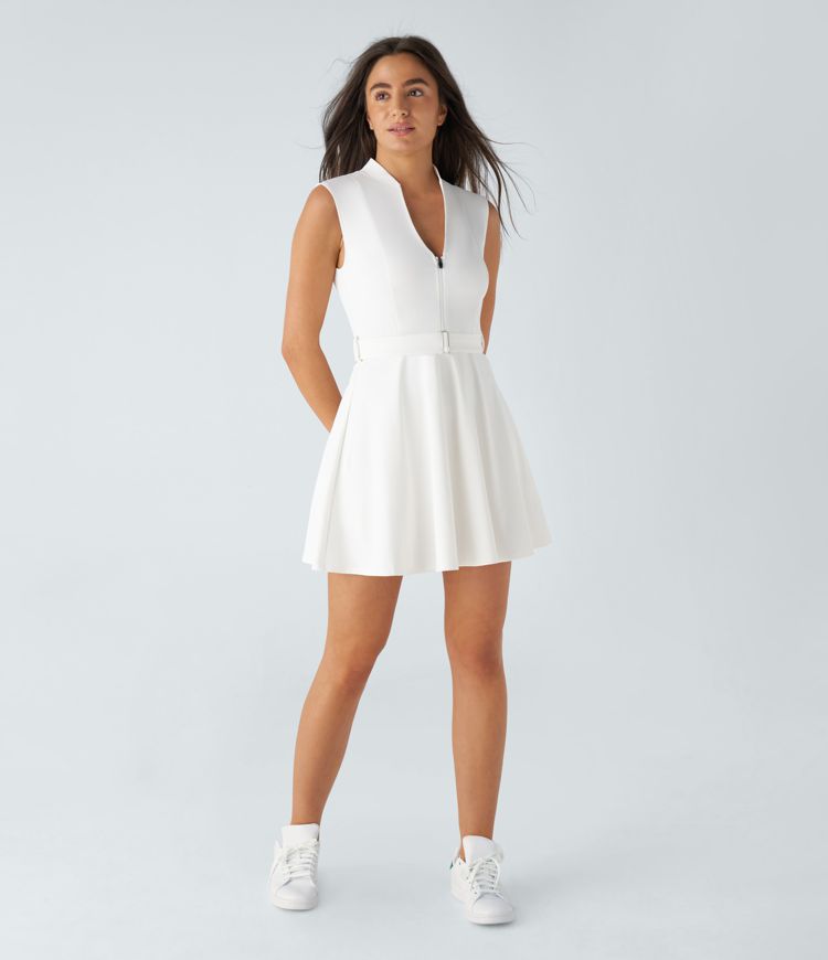 ärmelloses Minigolf-Aktivkleid mit Golf-Tee-Taschen, Gürtel, Stehkragen, Reißverschluss, schnell trocknend 