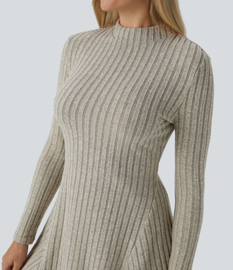 Robe de courte décontractée en maille côtelée à col montant et manches longues